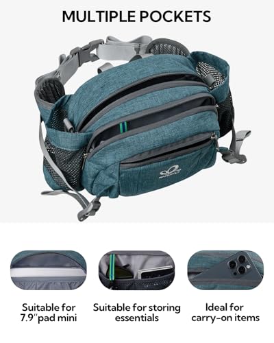 WATERFLY Fanny Pack Waist Bag: Fannie Pack 2 Water Bottle Holders Lumbar Belt Hiking Walking Running Jogging Camping Large Woman Man (Bottle Not Included) - color: Teal Bule