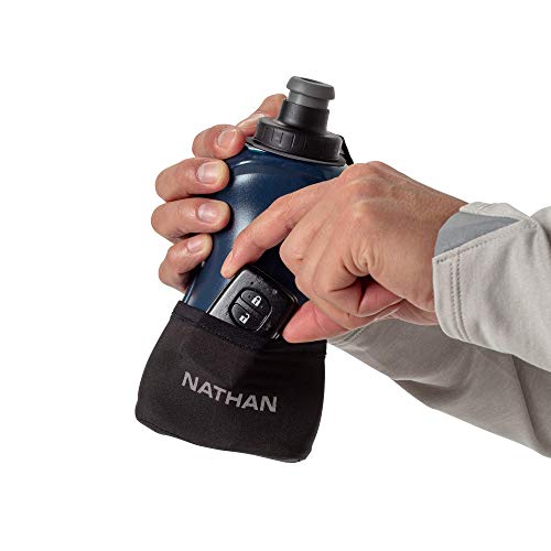 Nathan Running Handheld Water Bottle Adjustable No-Grip Quick Squeeze Lite Hand Strap. Reflective Hydration - color: Black / Marine Blue, style: 18oz