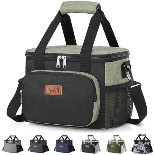 Lifewit Medium Lunch Bag, Insulated Lunch Box, Soft Cooler Cooling Tote for Adult Men Women, Black and Green 12-Can (9L) - color: Black/Green, size: Medium(9L)