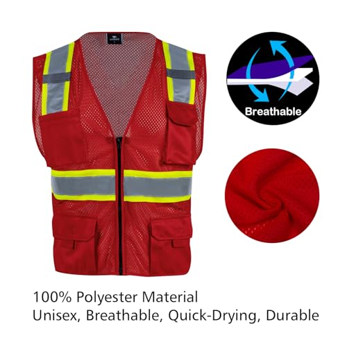 VENDACE Hi Vis Safety Reflective Mesh Vest for Men ANSI Class 2 High Visibility Vest with 8 Pockets and Zipper Red