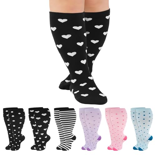 Jspupifip 6 Pairs Plus Size Compression Socks for Women, Wide Calf - color: Black, White, Pink, size: 4X-Large