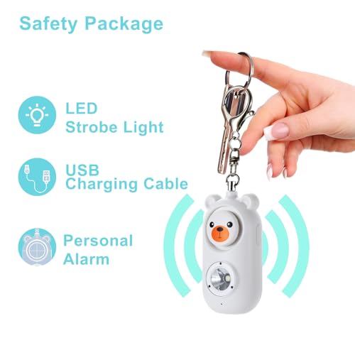 130dB Rechargable Personal Safety Alarm for Women, Safe Alarm Protection Keychain with Strobe Light, Security Siren Self Defense for Students, Girls - color: White