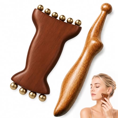 Dual-Head Cooling Copper Beads Arm Massager and Sandalwood Acupoint Pen for Feet, 2-in-1 Odorless Wood Therapy Tools for Lymphatic Drainage and Muscle Recovery, Home Spa Manual Massager Set, 2pcs