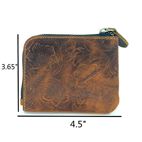 JJNUSA Genuine Leather Zipper Coin Purse Wallet With Key Car Smart Holder, Change Purse, Coin Pouch Holder For Men (Flower brown) - color: Flower brown
