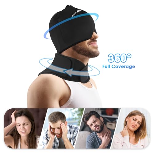 ComfiTECH Migraine Relief Cap, Head Neck Ice Pack Wrap Gel Set, Black, L - size: Large, style: Black