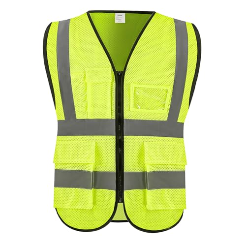 High Visibility Safety Vest with Pockets and Zipper, 1 Pack 5 Pack - color: Yellow-mesh, size: Medium