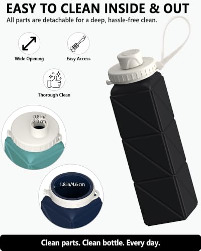BEAUTAIL Collapsible Water Bottles 21oz/610mL, Silicone Travel Water Bottle - color: Black