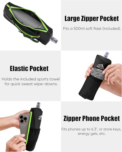 Zelvot Running Water Bottle Hand with 500ml Soft Flask, Collapsible, Green