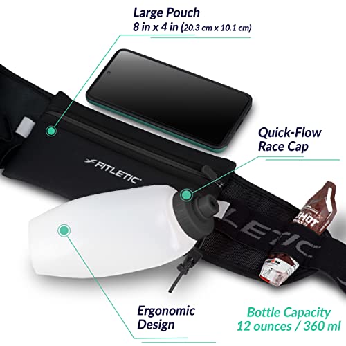 Fitletic Hydration Running Belt With 12oz Quick Flow Water Bottle For Men & Women –Race Belt, Gel Holder & Bib Toggles Patented Bounce Free Design, Water Resistant Fits All Phones –Fully Loaded - size: S/M (24"-34")