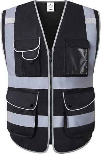 XIAKE 9 Pockets Class 2 High Visibility Reflective Safety Vest for Men Women,Meets ANSI/ISEA Standard - color: Black, size: Medium