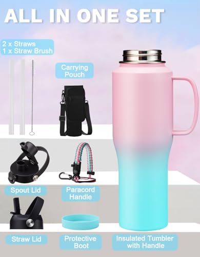 32 oz Insulated Water Bottle Tumbler – with Straw & Spout Lid, Carrier Bag - color: Indigo Crush, size: 32 Ounces with built-in handle