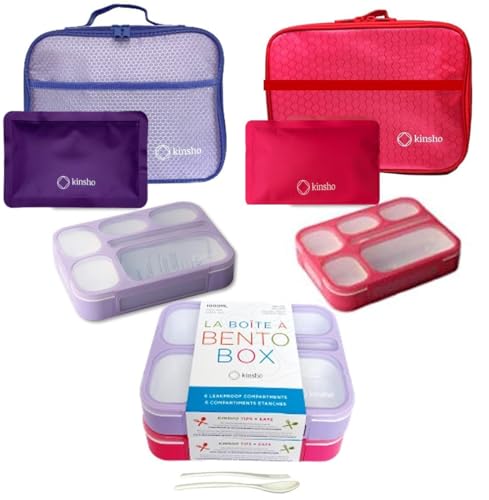 kinsho Bento Lunch Box Set of 2, Ice Pack with Insulated Bag, Pink & Purple - color: Lilac + Pink