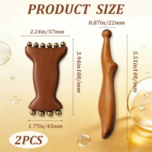 Dual-Head Cooling Copper Beads Arm Massager and Sandalwood Acupoint Pen for Feet, 2-in-1 Odorless Wood Therapy Tools for Lymphatic Drainage and Muscle Recovery, Home Spa Manual Massager Set, 2pcs