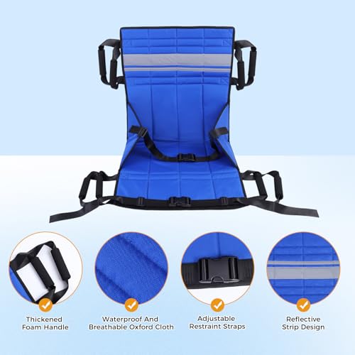 Patient Lift Transfer Pad with Reflective Strips, Transfer Sling for Elderly & Disabled, Stair Assist Evacuation Aid, Wheelchair to Bed Car Transfer Device, 8 Handles, 260 lbs - color: Blue Reflective