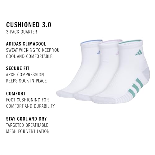 adidas Women's Cushioned Socks 3 Pairs - color: White/Blue Fusion/Powder Teal Green/3.0/Quarter, size: Medium, style: Quarter