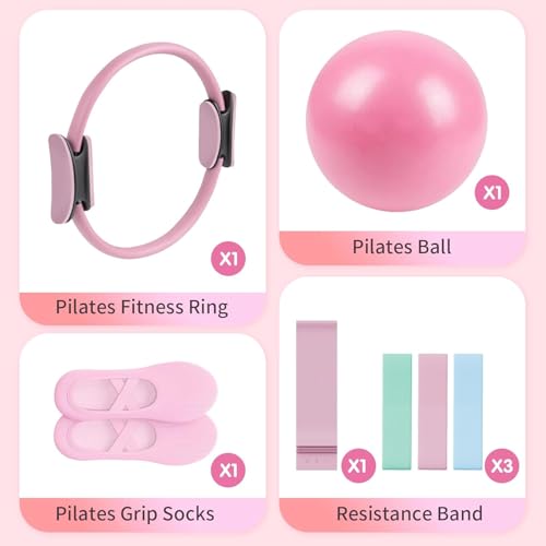 Pilates Essential Kit - Home Pilates Equipment Set - with Toning Pilates Ring & Long Resistance Bands & 3 Level Pilates Loop Bands & Soft Pilates Ball & Pilates Grip Socks