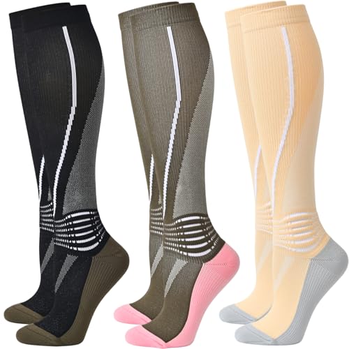 IRAMY Compression Socks Women Ankle Support Gradient Compression Wicking Moisture Knee High Socks 3 Packs - color: Black+green+yellow-3 Packs, size: Medium