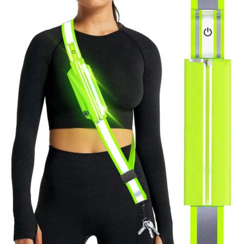 Ylzzrs LED Belt Reflective Sash for Walking at Night,High Visibility Adjustable Night Running Safety Gear,Light Up Running Belt Reflective Gear with Phone Bag/Armband for Runners Walkers Men Women - color: Green