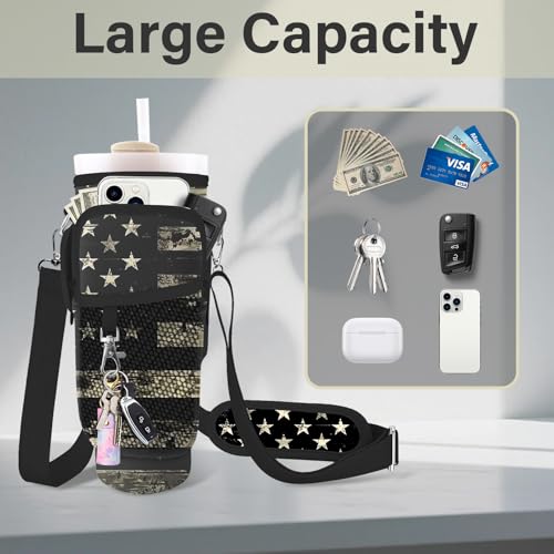 Water Bottle Carrier Bag for Stanley Cup 40/30oz, Neoprene Water Bottle Holder Pouch with 3 Pocket Adjustable Shoulder & Hand Strap - color: Retro Camo American Flag