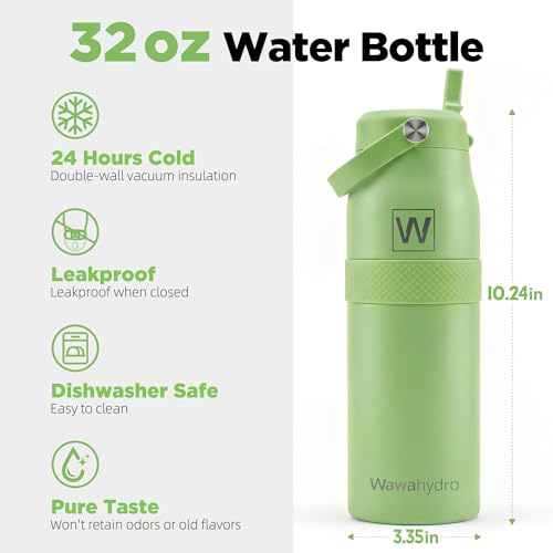 32 oz Insulated Water Bottle with Straw, Leakproof Stainless Steel Bottle with Handle, Non-Slip Silicone Sleeve, Internal Markings, Dishwasher Safe for Travel, Gym, Sports, Chartreuse - color: Chartreuse