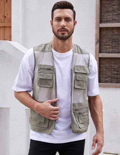 Gihuo Men's Utility Vest Fishing Safari Vest Summer Travel Vest with Pockets - color: Beige, size: Small