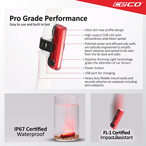 CECO USA 80 Lumen USB Rechargeable Bike Tail Light - Super Wide Bright Model TC80 Bicycle Rear Light - IP67 Waterproof, FL-1 Impact Resistant - COB LED Red Safety Light - Pro Grade Quality