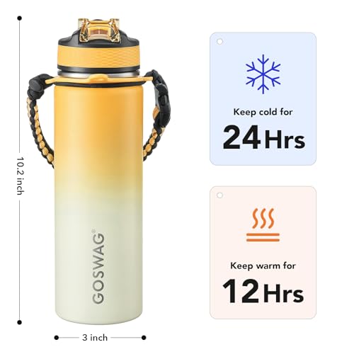 GOSWAG 24oz Insulated Stainless Steel Travel Water Bottle, 2 Lids - color: Ginger Yellow-Beige Ombré