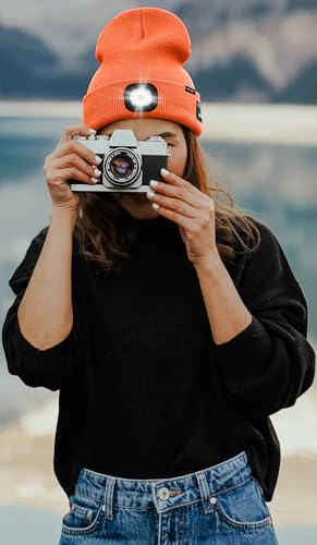 ATNKE LED Lighted Bluetooth Beanie Hat,USB Rechargeable 4 LED Wireless Music Running Headlamp Cap Gift for Men and Women - color: #Bright Orange