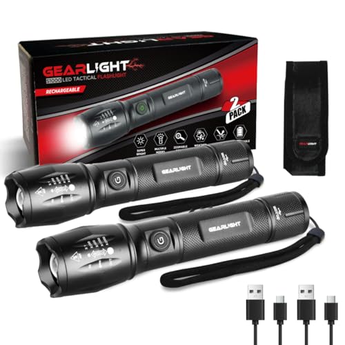 GearLight S1000 LED Tactical Flashlight - High Lumens, USB-C Fast Charging, Dual-Button, IPX4 Water-Resistant, Pocket-Sized for Camping & Emergencies with Batteries - 2 Pack, (Rechargeable) - color: Rechargeable 2 Pack