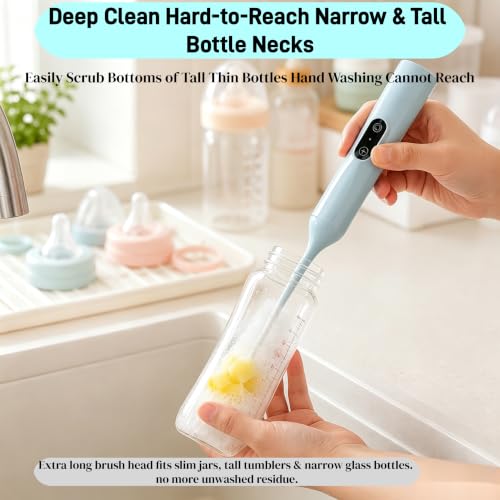 Electric Bottle Brush, Rechargeable Auto Spinning Bottle Cleaner, All-in-One Cleaning Kit with Multi Brush Heads & Stir Stick for Baby Bottles & Drinkware, Great Household Helper and Ideal Gift - color: Light Blue