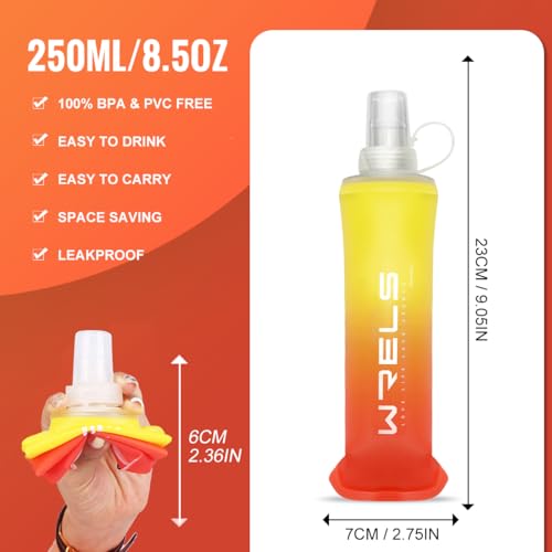 WRELS TPU Soft Flask Lightweight Portable Reusable Water Bottle,BPA Free Collapsible Flask for Hydration Pack in Running Hiking Cycling and Marathon - color: Orange-yellow-250ML*2