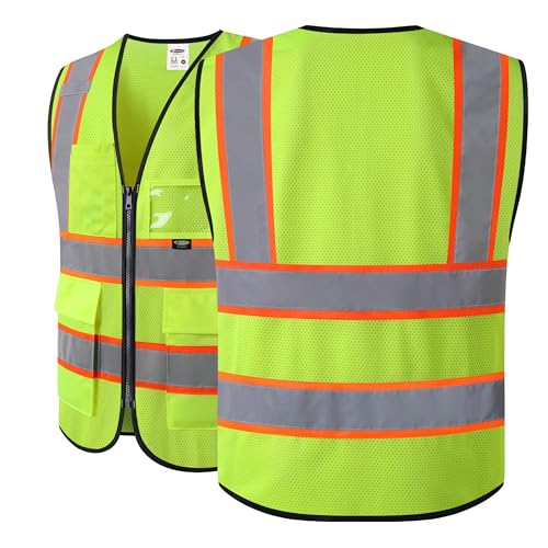 JKSafety Safety Vest for men women Hi Vis Vest with Pockets and Zipper High Visibility Reflective Vests BX320 - color: Yellow, size: Large