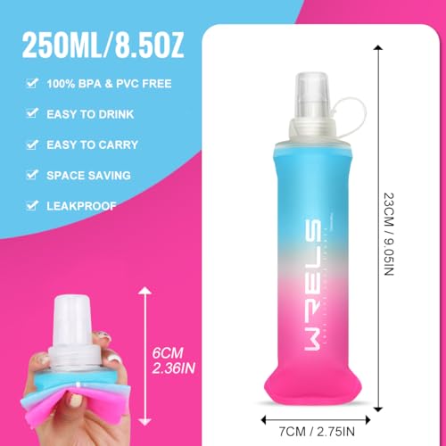 WRELS TPU Soft Flask Lightweight Portable Reusable Water Bottle,BPA Free Collapsible Flask for Hydration Pack in Running Hiking Cycling and Marathon - color: Blue-pink-250ML*2