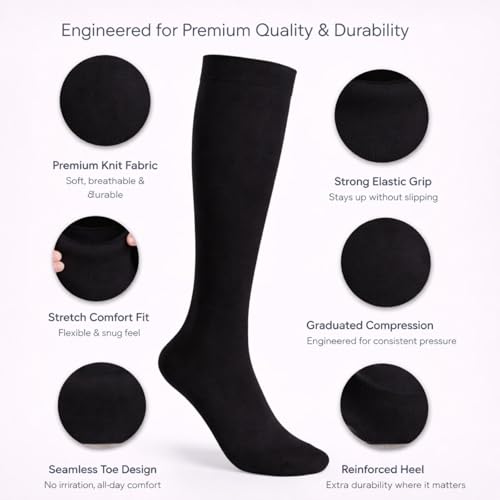 Diamond Star 6 Pairs Compression Socks for Men & Women, Knee High Socks - color: 6 Pairs Black