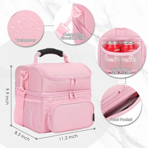 FlowFly Double Layer Cooler Insulated Lunch Bag Adult Lunch Box Large Tote Bag for Men, Women, With Adjustable Strap,Front Pocket and Dual Large Mesh Side Pockets - color: Pink#2