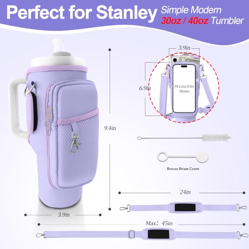 Water Bottle Carrier Bag for Stanley Cup 40oz/30oz with Phone Pocket, Neoprene Water Bottle Holder with Adjustable Shoulder & Handle Strap, Stanley Cup Accessories for Walking Travel Gym - color: Purple