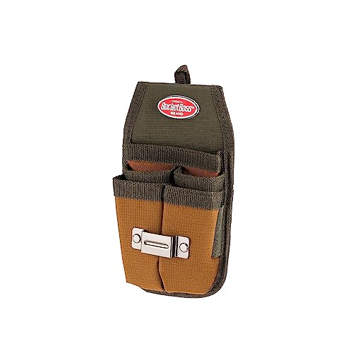 Bucket Boss Four-Barrel Tool Sheath with FlapFit to Fit Instantly Over a Belt or Into a Pants Pocket, with 5 Tool Pockets and 2 Loops, and Metal Tape Clip, in Brown, 54184