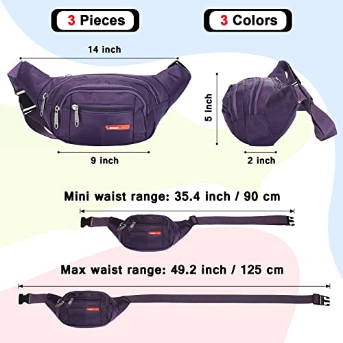 3 Pcs Fanny Packs Crossbody Waist Bags for Women Men Crossbody Waterproof Fanny Pack Belt Bag for Travel Walking Running Hiking Cycling Outdoor Easy Carry Any Phone, Wallet (Black, Purple, Navy Blue) - color: Black, Purple, Navy Blue