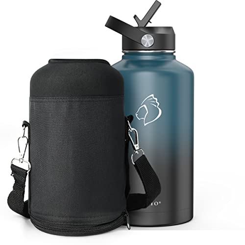 BUZIO Water Bottle Insulated Sleeve, Bottle Carrier with Strap - color: Black, size: 64oz