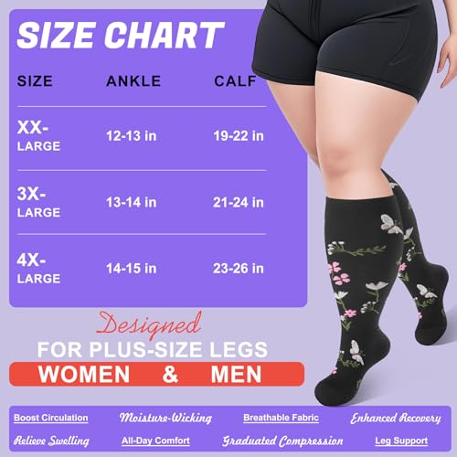 4 Pairs Plus Size Compression Socks,Extra Wide Calf 20-30 mmHg Knee High Compression Socks for Men Women Circulation - color: 01-white Flowers, size: XX-Large