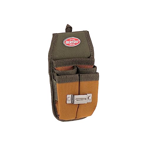 Bucket Boss Four-Barrel Tool Sheath with FlapFit to Fit Instantly Over a Belt or Into a Pants Pocket, with 5 Tool Pockets and 2 Loops, and Metal Tape Clip, in Brown, 54184