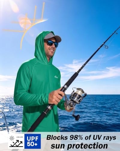 Men's UPF 50+ Fishing Hoodie Sun Shirt, Quick Dry Long Sleeve - color: Green, size: Small