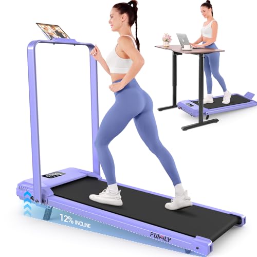 FUNMILY Upgrade Walking Pad Folding Treadmill with 12%/15% Incline & Handle Bar, 3.5HP Foldable Under Desk Compact Treadmills for Home/Office/Gym, 400+lb Capacity, Shock Absorption - color: Purple