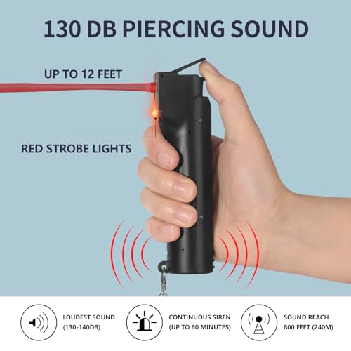 3-in-1 Personal Safety Alarm and Pepper Spray Combo for Women - Max Strength Pepper Gel & 130 dB Siren & Strobe Lights, Flip-top Safety Cap & UV Marking DYE, Spray Canister Replaceable - color: Black