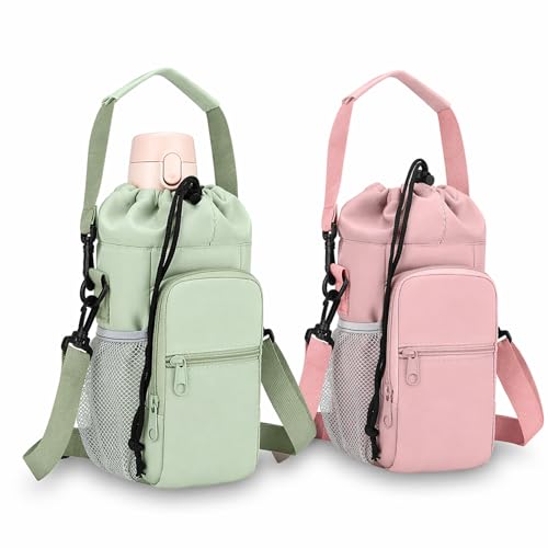 2 Pack Water Bottle Holder Bag with Strap for 30-40 Oz Bottles - color: green and pink