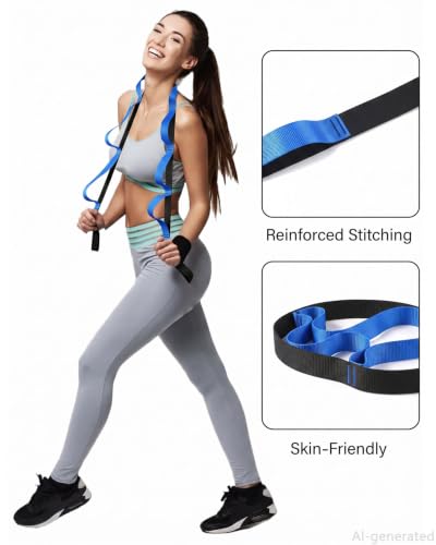 10 Loop Yoga Stretching Strap for Physical Therapy - Non-Elastic Exercise Band for Pilates, Yoga, Stretching for Women & Men - color: Black+Blue