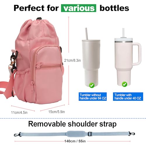 Wongeto Water Bottle Holder with Strap,25oz/40oz/64oz Water Bottle Carrier Sling Bag with Phone Pocket Crossbody Adjustable Shoulder with Hand Strap for Walking - color: Pink