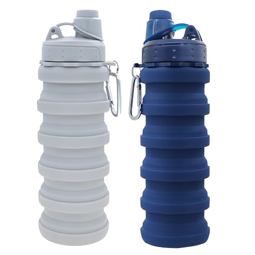 Collapsible Water Bottles Travel water bottle Sports Portable Sport Water Bottle Reusable Water Bottles comes with mountaineering Buckle 500ml silicone Water-proof camping water bottle - color: Light grey+Dark blue, style: 2 pack