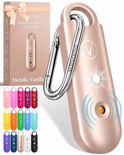 Vantamo Personal Alarm for Self Defense with Low Battery Notice, Strobe Light & Extra Loud 130 dB Double Speakers Safety Keychain Set for Women, Rechargeable Panic Button for Womens Self Defense - color: Metallic Vanilla