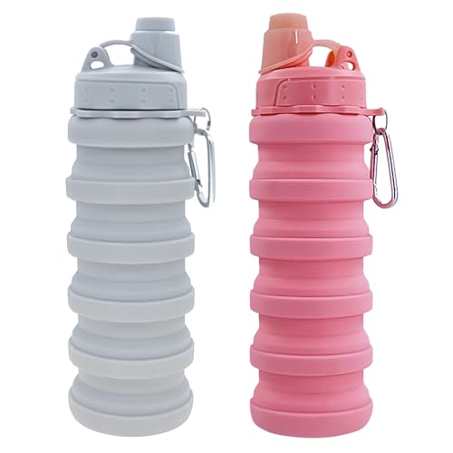 Collapsible Water Bottles Travel water bottle Sports Portable Sport Water Bottle Reusable Water Bottles comes with mountaineering Buckle 500ml silicone Water-proof camping water bottle - color: Light grey+Pink, style: 2 pack